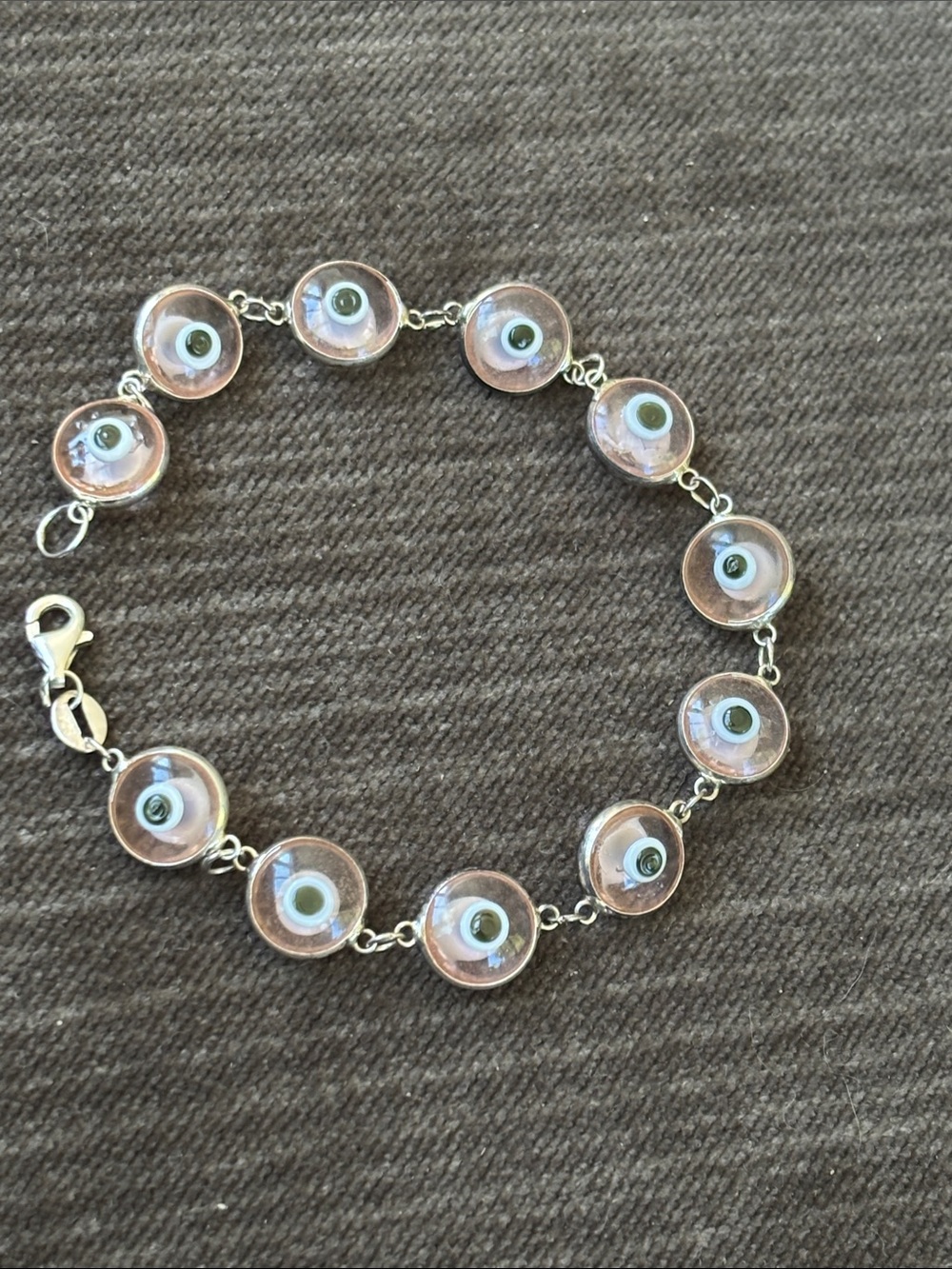 .925 Sterling Silver EVIL EYE BRACELET 7.75” Pink Green White. Ward off bad mojo
